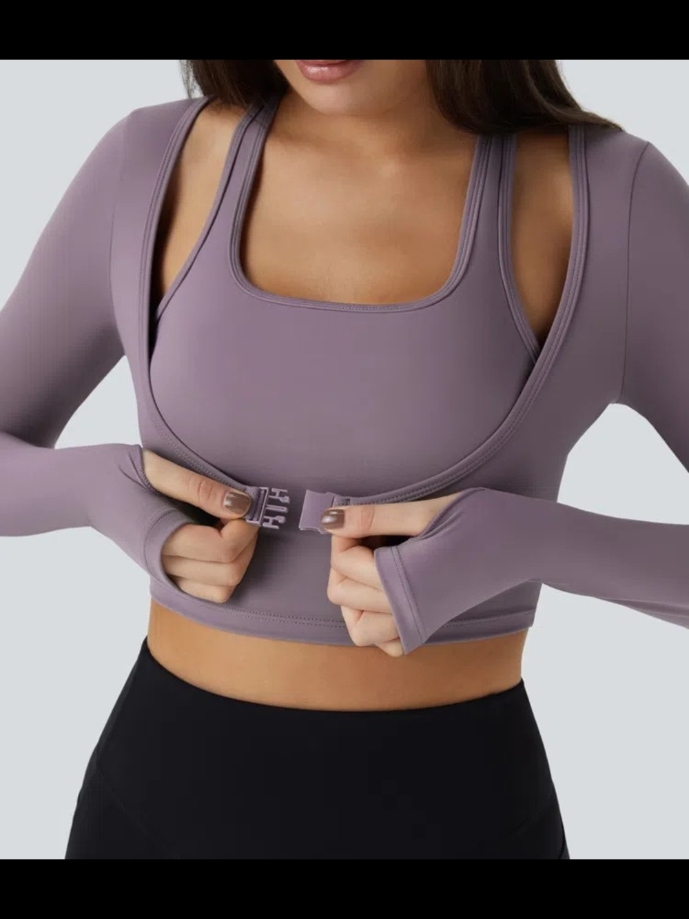 HALARA SoftlyZero Plush 2-in-1 Halter Neck Long Sleeve Crop Top Buckle Green XS